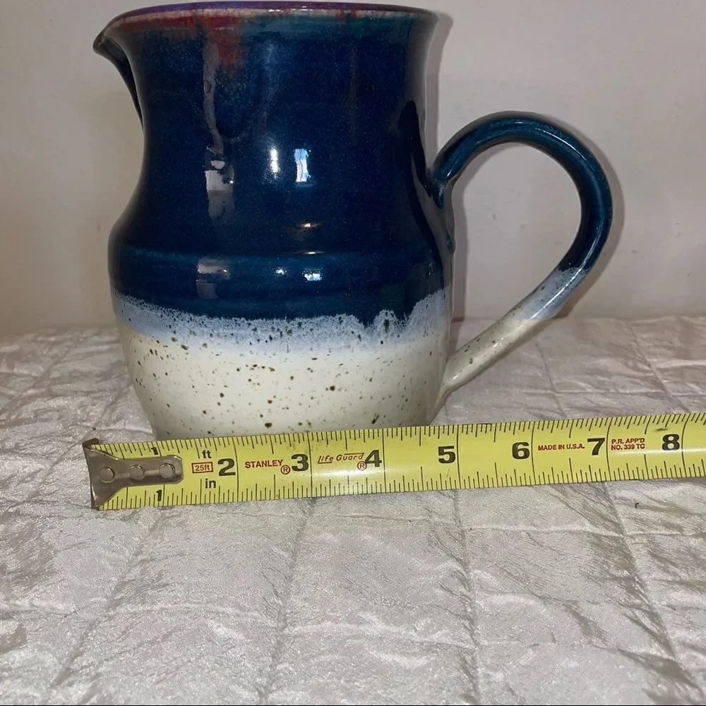 HANDMADE RUSTIC POTTERY pitcher in violets-off white